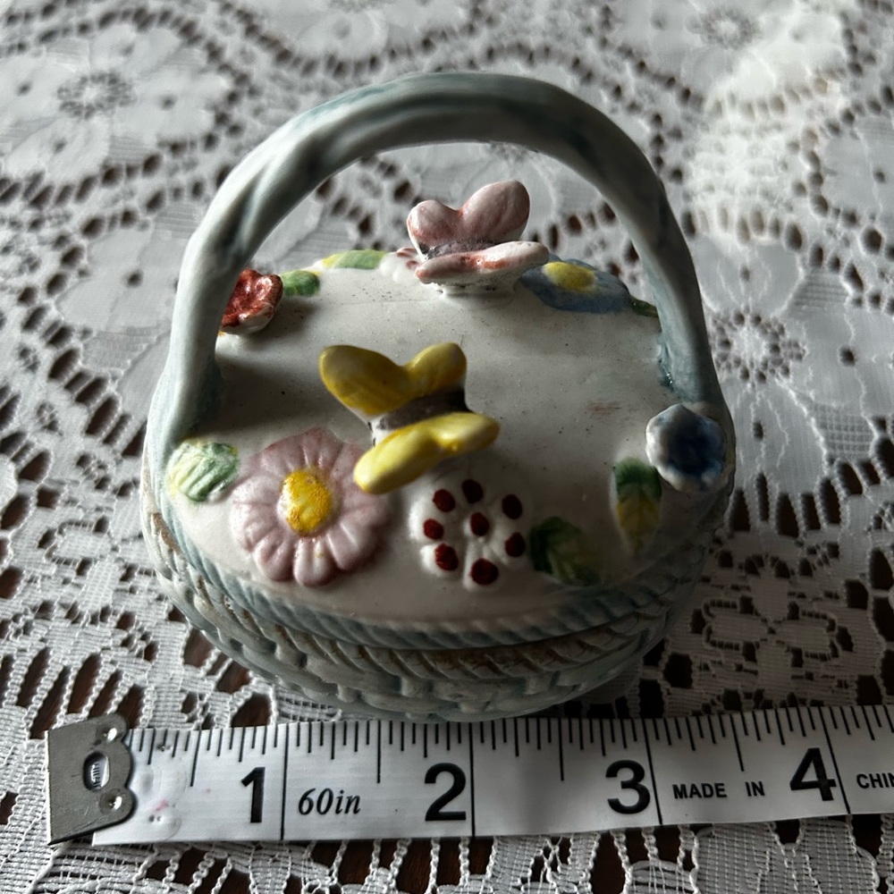 Vintage Floral Ceramic/Porcelain Basket with Handle Trinket Box
